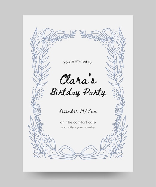 Invitación de cumpleaños con dibujo a mano floral e ilustración de cinta estilo de arte de línea de marco floral