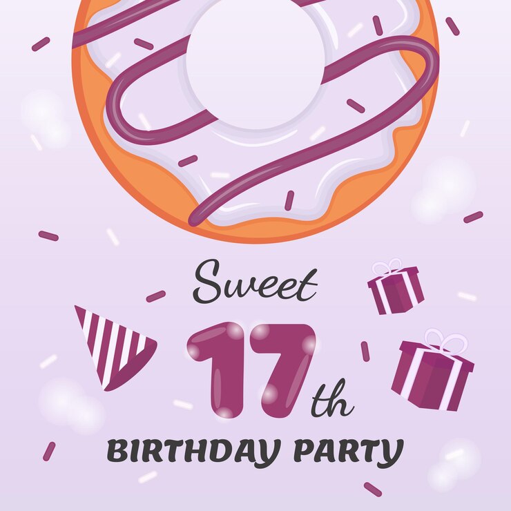 Vector invitación de cumpleaños de diecisiete años con delicioso donut