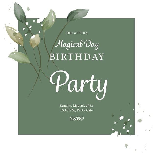 Invitación de cumpleaños floral acuarela verde, diseño de tarjeta de plantilla en estilo rústico