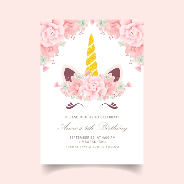Invitación de cumpleaños floral para niños con lindo unicornio