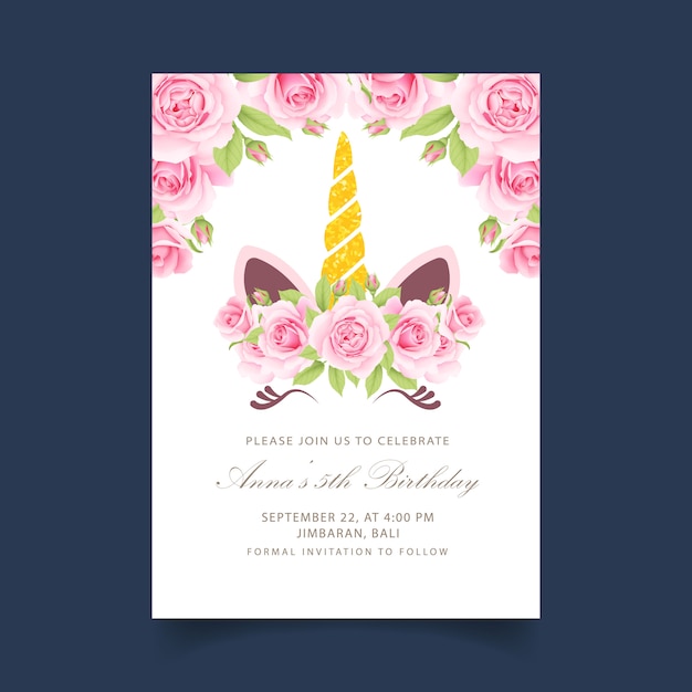 Invitación de cumpleaños floral para niños con lindo unicornio