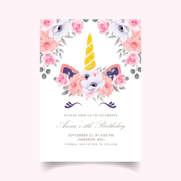 Invitación de cumpleaños floral para niños con lindo unicornio