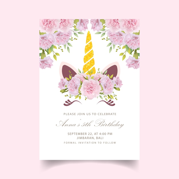 Invitación de cumpleaños floral para niños con lindo unicornio