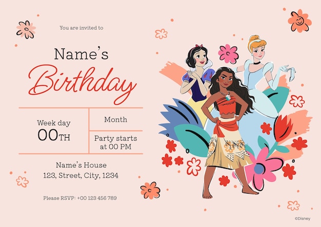 Invitación de cumpleaños de la linda princesa de Disney