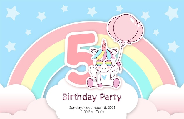 Invitación de cumpleaños con lindo unicornio, globos y nubes. Quinto año de nacimiento