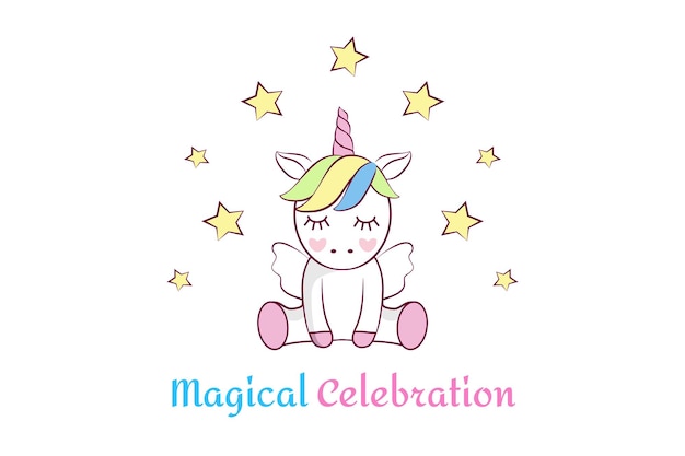 Una invitación de cumpleaños con un lindo unicornio sentado entre las estrellas Invitación para niños y adultos