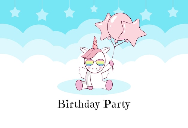 Invitación de cumpleaños con lindos globos de unicornio y nubes en colores azul y rosa