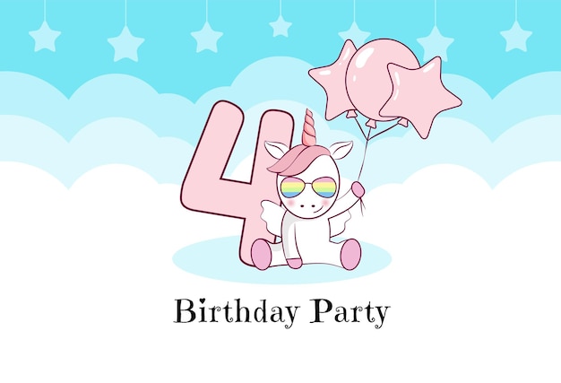 Invitación de cumpleaños con lindos globos de unicornio y nubes cuarto cumpleaños