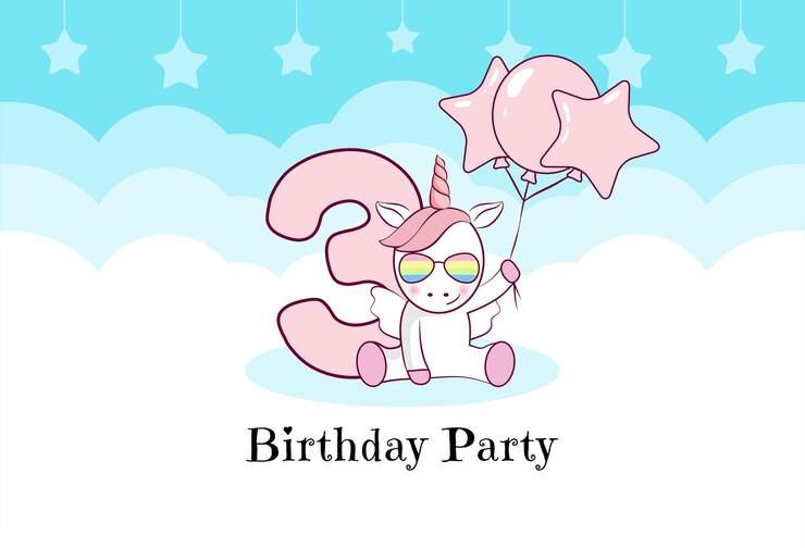 Vector invitación de cumpleaños con lindos globos de unicornio y nubes tercer cumpleaños