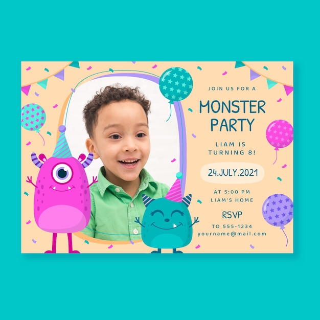 Vector invitación de cumpleaños de monstruo plano con foto