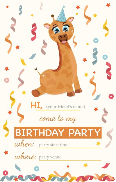 Invitación de cumpleaños para niños. Linda jirafa y confeti