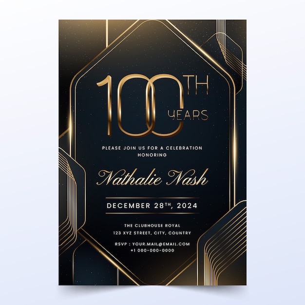 Vector invitación de cumpleaños número 100 realista