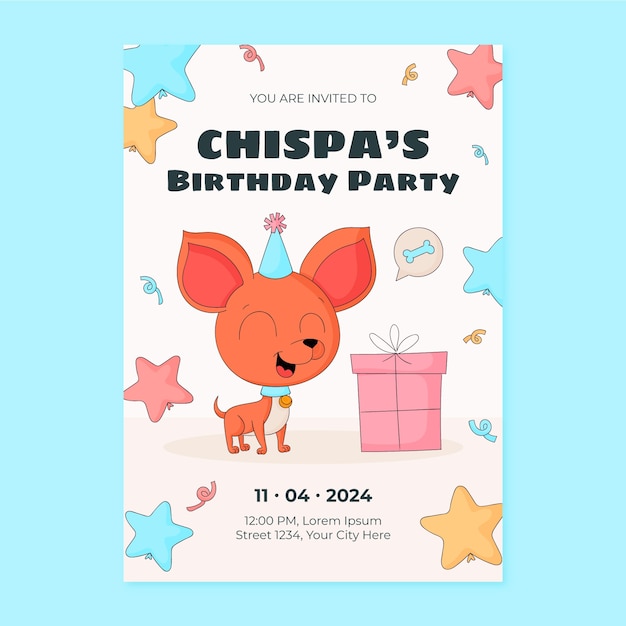 Invitación de cumpleaños de perro dibujada a mano