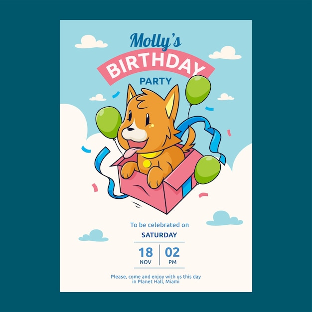 Invitación de cumpleaños de perro dibujada a mano