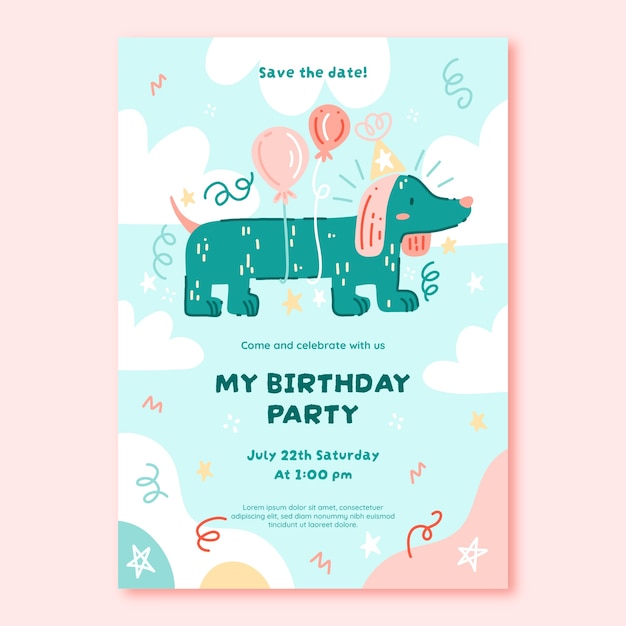 Vector invitación de cumpleaños de perro de diseño plano