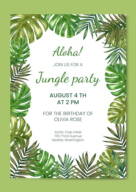 Invitación de cumpleaños, plantilla de tarjeta. Fiesta en la jungla. Marco de hojas tropicales de acuarela.