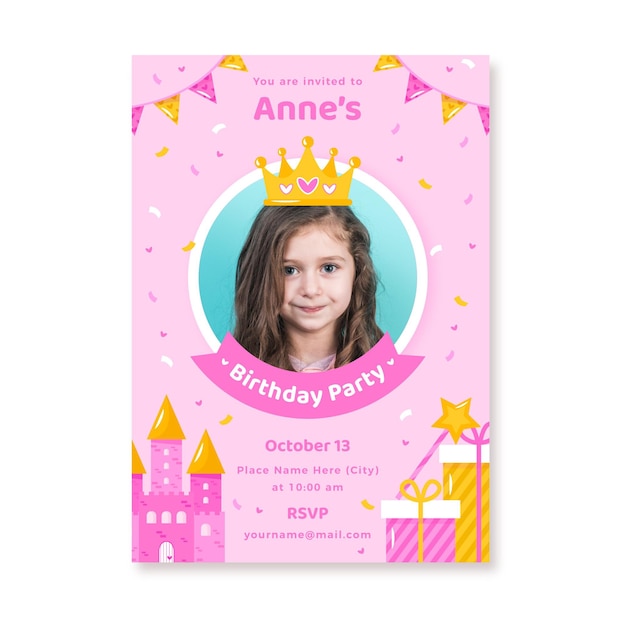 Vector invitación de cumpleaños princesa plana con foto