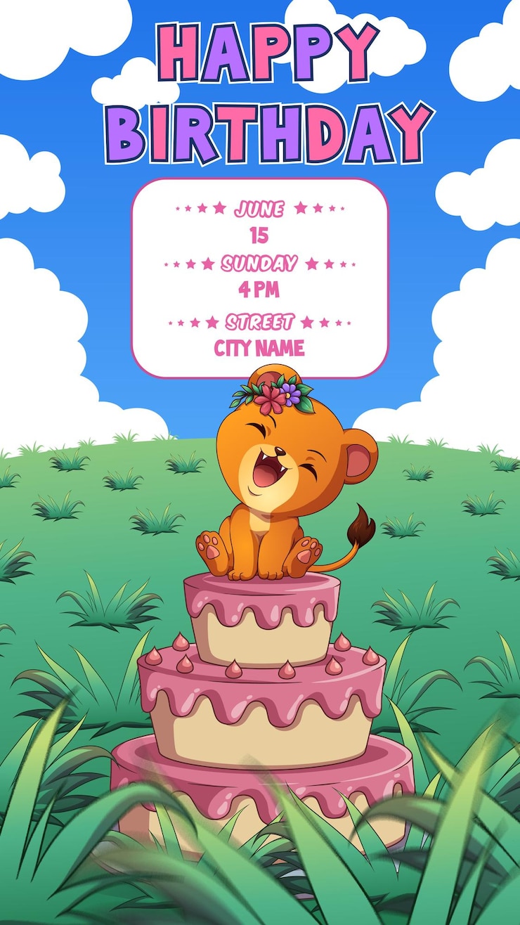 Vector invitación de cumpleaños del rey león y la reina