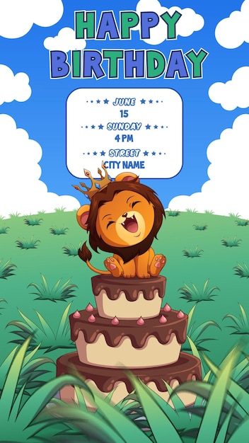 Vector invitación de cumpleaños del rey león y la reina