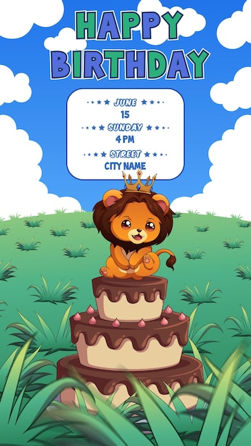 Vector invitación de cumpleaños del rey león y la reina