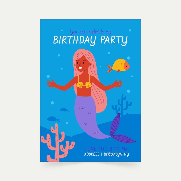 Vector invitación de cumpleaños de sirena plana