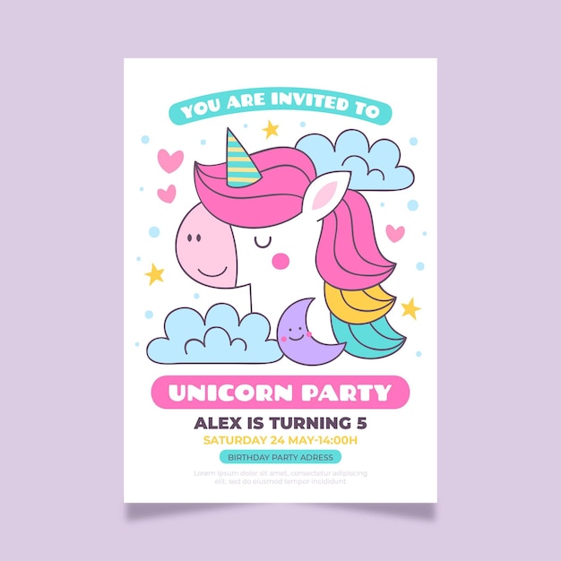 Invitación de cumpleaños unicornio dibujado a mano