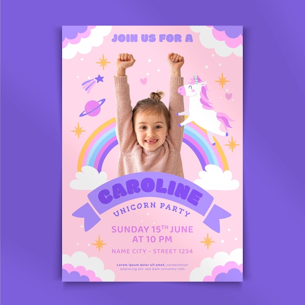 Vector invitación de cumpleaños unicornio plana con foto