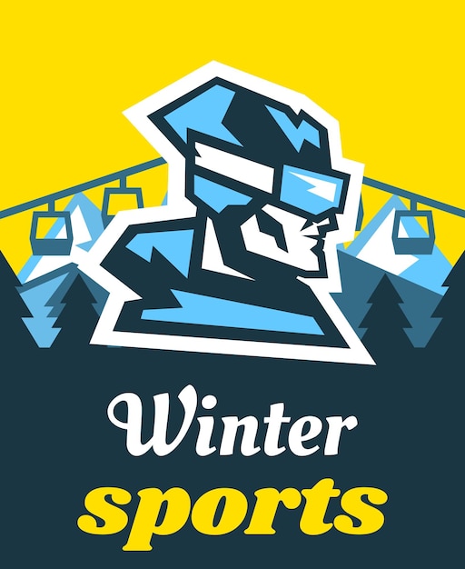 Invitación para deportes de invierno Publicidad lugar de descanso Logo cara del esquiador Vista horizontal de un paisaje de invierno Levante la colina Ilustración vectorial