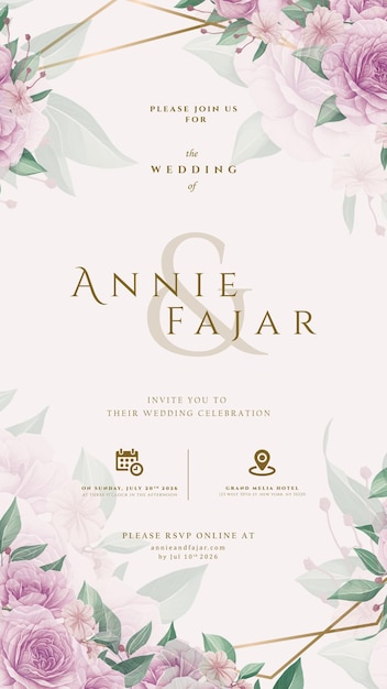 Invitación digital de boda con ilustración floral en vector de primera calidad
