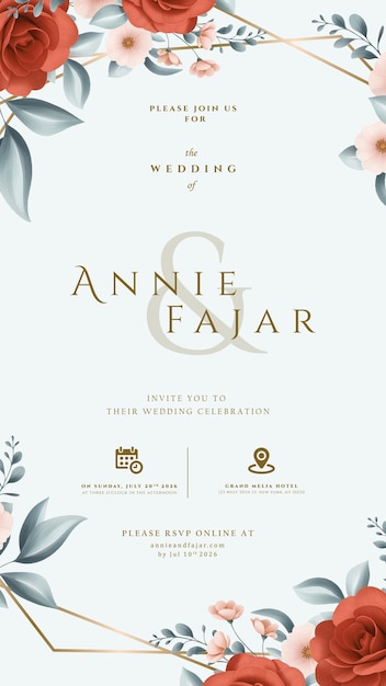 Invitación digital de boda con ilustración floral en vector de primera calidad