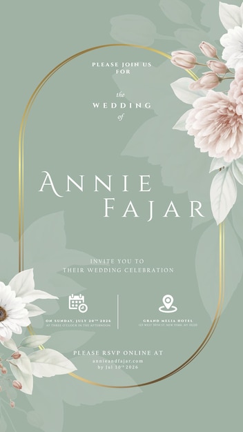 Invitación digital de boda con ilustración floral en vector de primera calidad