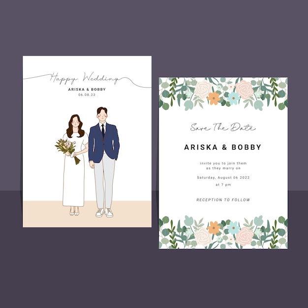 invitación de diseño de tarjeta con ilustración de pareja de novios