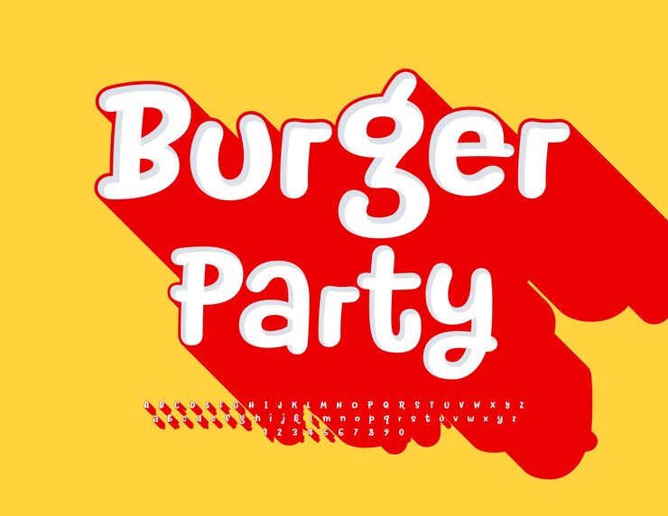 Vector invitación divertida vectorial a la fiesta de hamburguesas fuente 3d lúdica con fuente roja grande letras artísticas del alfabeto