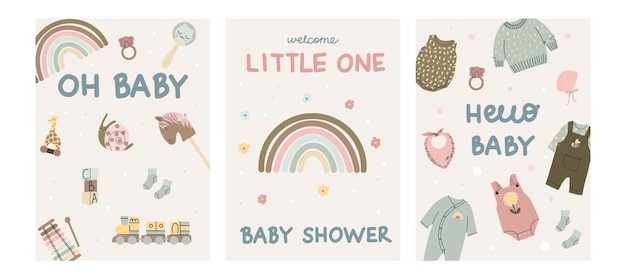 Invitación a la ducha de bebé Diseño de tarjetas Fiesta de recién nacidos en pastel con ropa y juguetes Cartel o estampación de carteles decorativos Feliz cumpleaños Set de ilustraciones aisladas planas de dibujos animados vectoriales