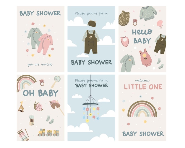 Invitación a la ducha de bebé Diseño de tarjetas Fiesta de recién nacidos en pastel con ropa y juguetes Cartel o estampación de carteles decorativos Feliz cumpleaños Set de ilustraciones aisladas planas de dibujos animados vectoriales