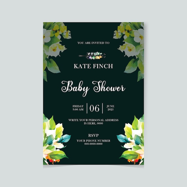 Invitación para la ducha de bebé con flores en estilo acuarela