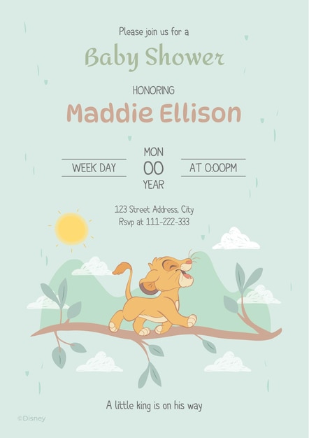 La invitación para la ducha de bebé del Rey León