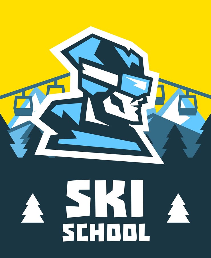 Vector invitación a la escuela de esquí lugar de descanso publicitario logo cara del esquiador vista horizontal de un paisaje invernal levantar la colina ilustración vectorial