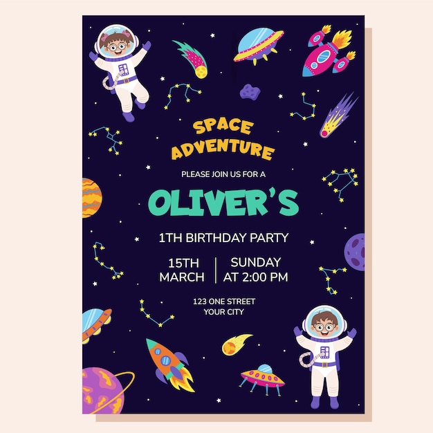 Invitación espacial para la fiesta de cumpleaños Elementos espaciales y niños astronautas