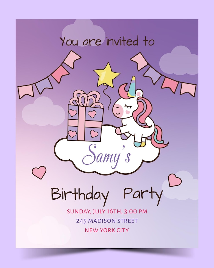 Vector invitación de feliz cumpleaños con arcoiris y unicornio con regalo en vector