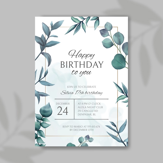 Invitación de feliz cumpleaños con hojas