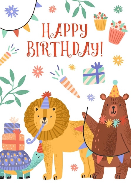 Invitación de feliz cumpleaños o tarjeta de felicitación decorada con lindos animales, caja de regalo y guirnaldas. Ilustración infantil de dibujos animados de vector plano de postal festiva para fiesta de niños.