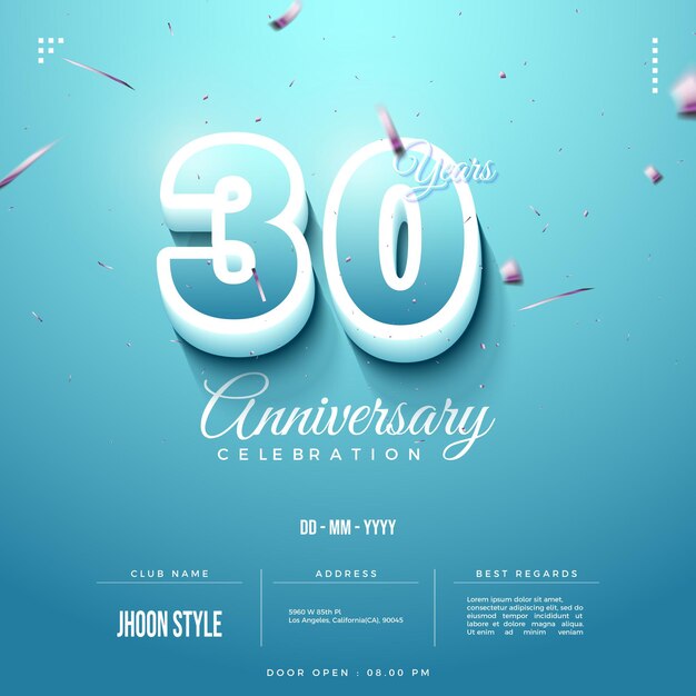 Invitación a la fiesta del 30 aniversario con números en relieve sobre un fondo azul