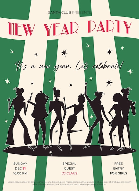 Invitación a la fiesta de año nuevo retro del club nocturno con silueta de personas bailando