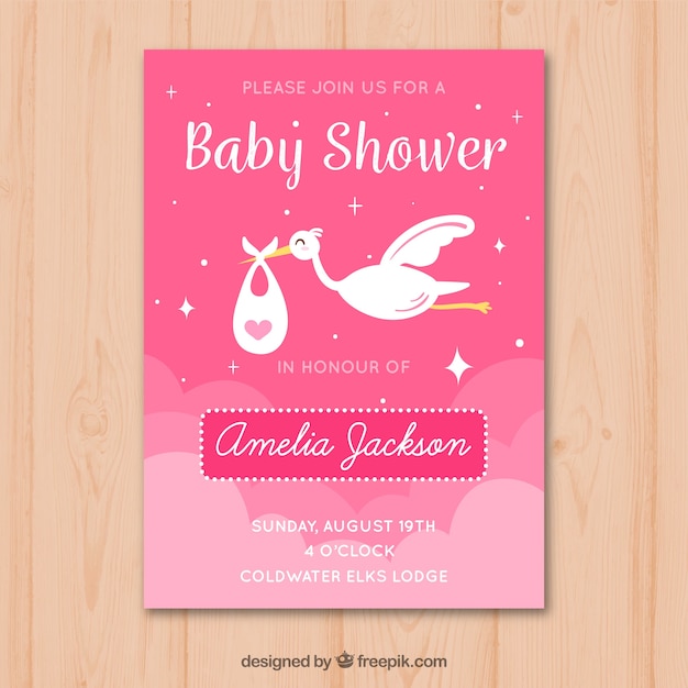 Invitación de fiesta del bebé con cigüeña en estilo hecho a mano