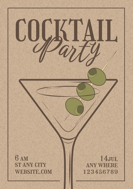 Invitación a una fiesta de cócteles con boceto de Martini dibujado a mano en papel Kraft Fondo Tarjeta de vacaciones