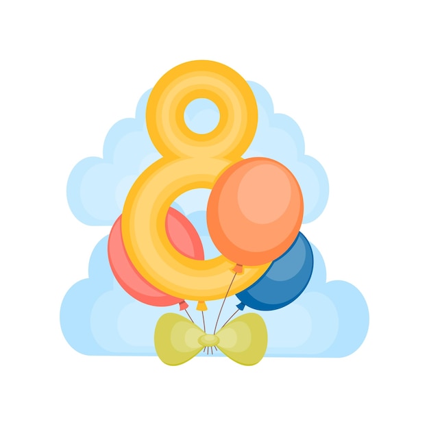 Invitación de fiesta de cumpleaños de 8 años con globos Tarjeta de felicitación Plantilla de celebración de octavo aniversario