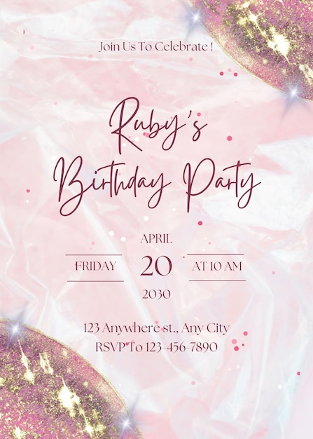 Invitación a la fiesta de cumpleaños de acuarela rosa y blanca 1