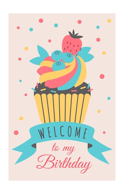 Vector invitación de fiesta de cumpleaños dulce cupcake lindo estampado