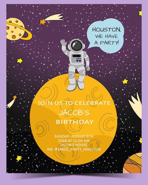 Invitación a fiesta de cumpleaños espacial con elementos espaciales y planetas en ilustración vectorial
